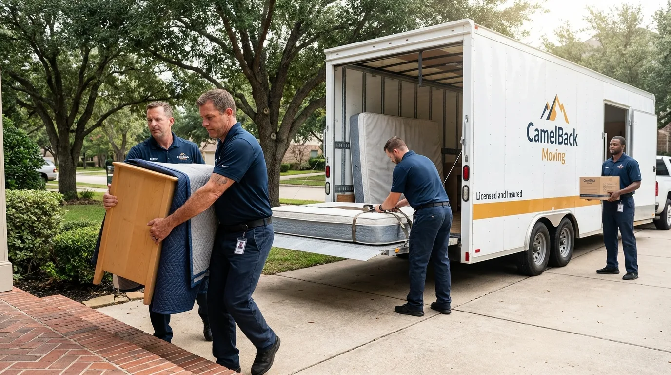 Crew loading residential truck for cross-state move from Mansfield, MA