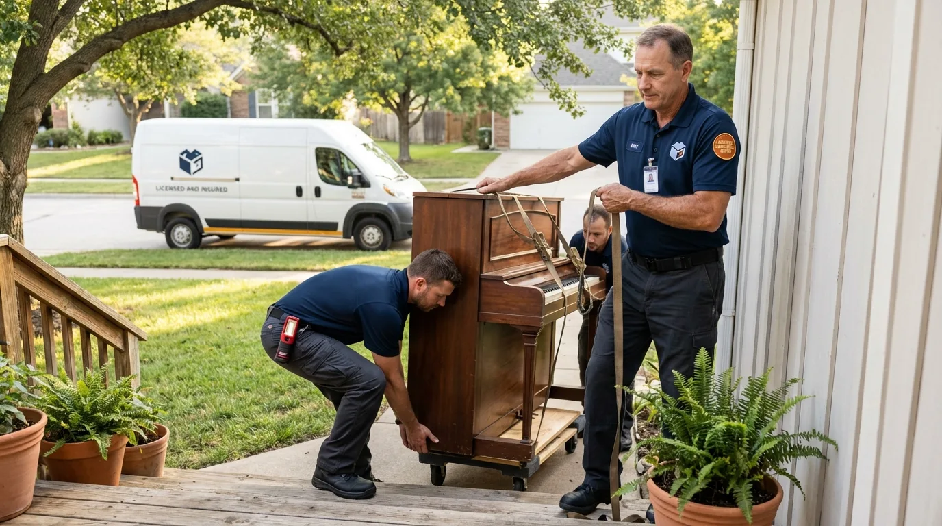 Licensed piano movers securing grand piano in Mansfield, MA