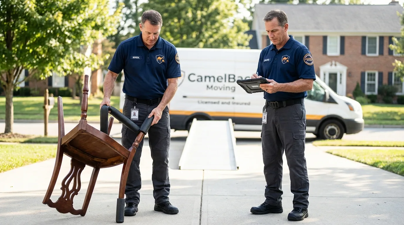 Movers inspecting furniture for damage prevention before loading in Mansfield, MA