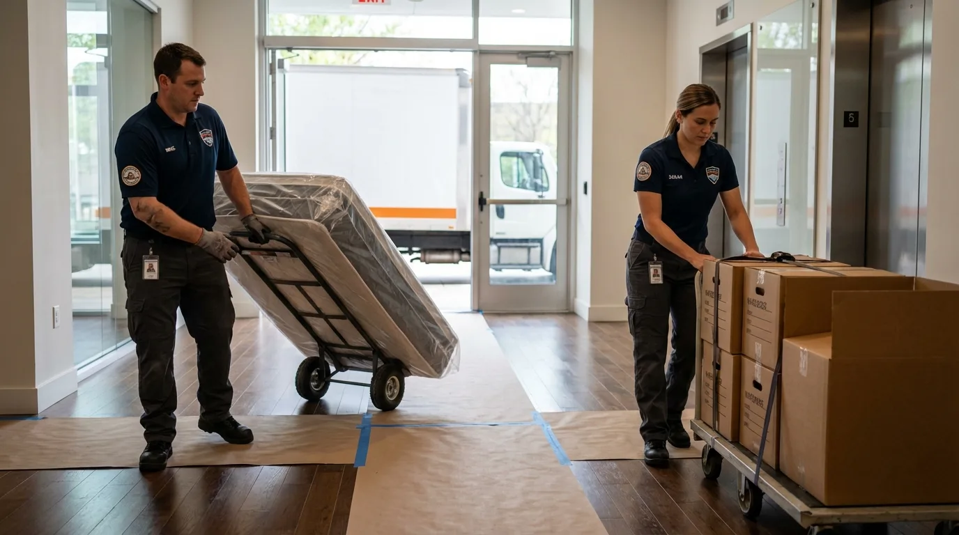 Professional apartment movers loading elevator in Mansfield, MA