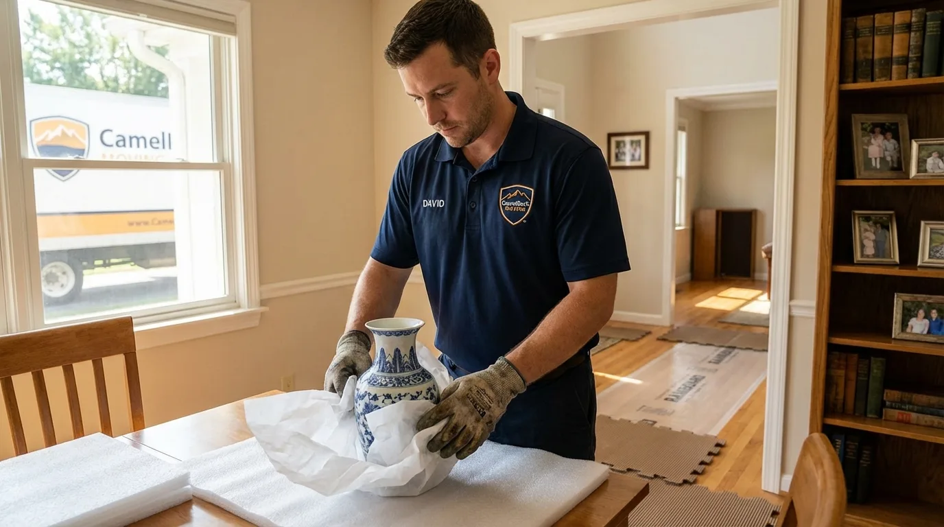 Professional crew carefully wrapping antique vase for senior downsizing move in Mansfield, MA